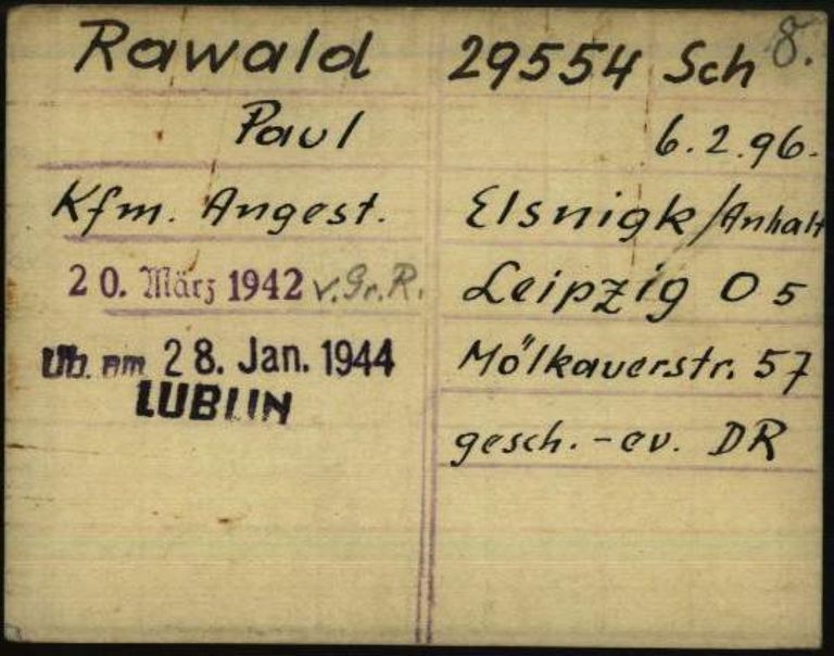 Registry office card, 1.1.6.7/10733849/ITS Digital Archive, Bad Arolsen.